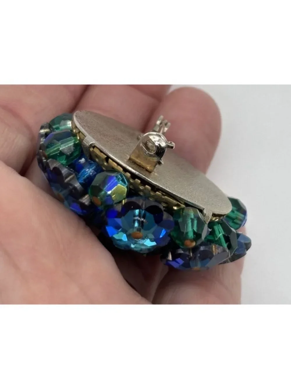 Vintage Margarita Rivoli Crystal Brooch Domed Deep Blue Aurora Borealis Unsigned